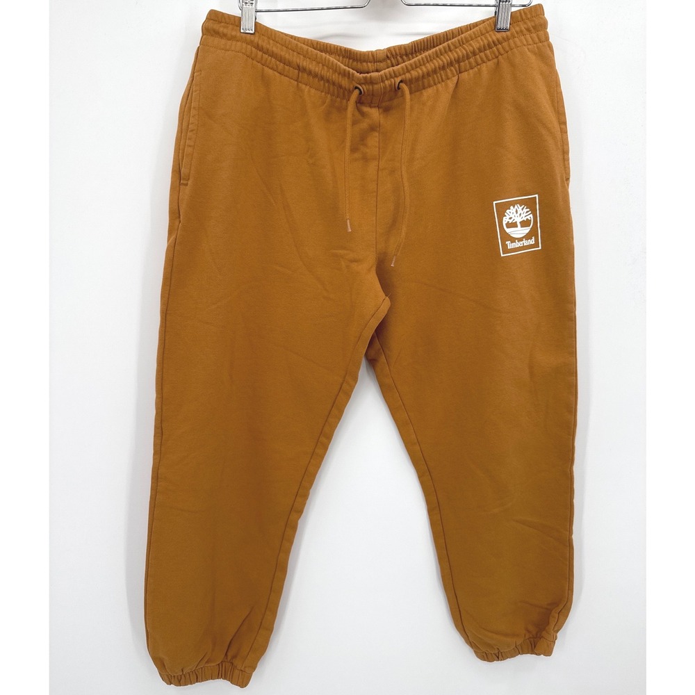 Timberland Mens Sweatpants XL Brown Fleece Lined Logo Joggers Drawstring Waist